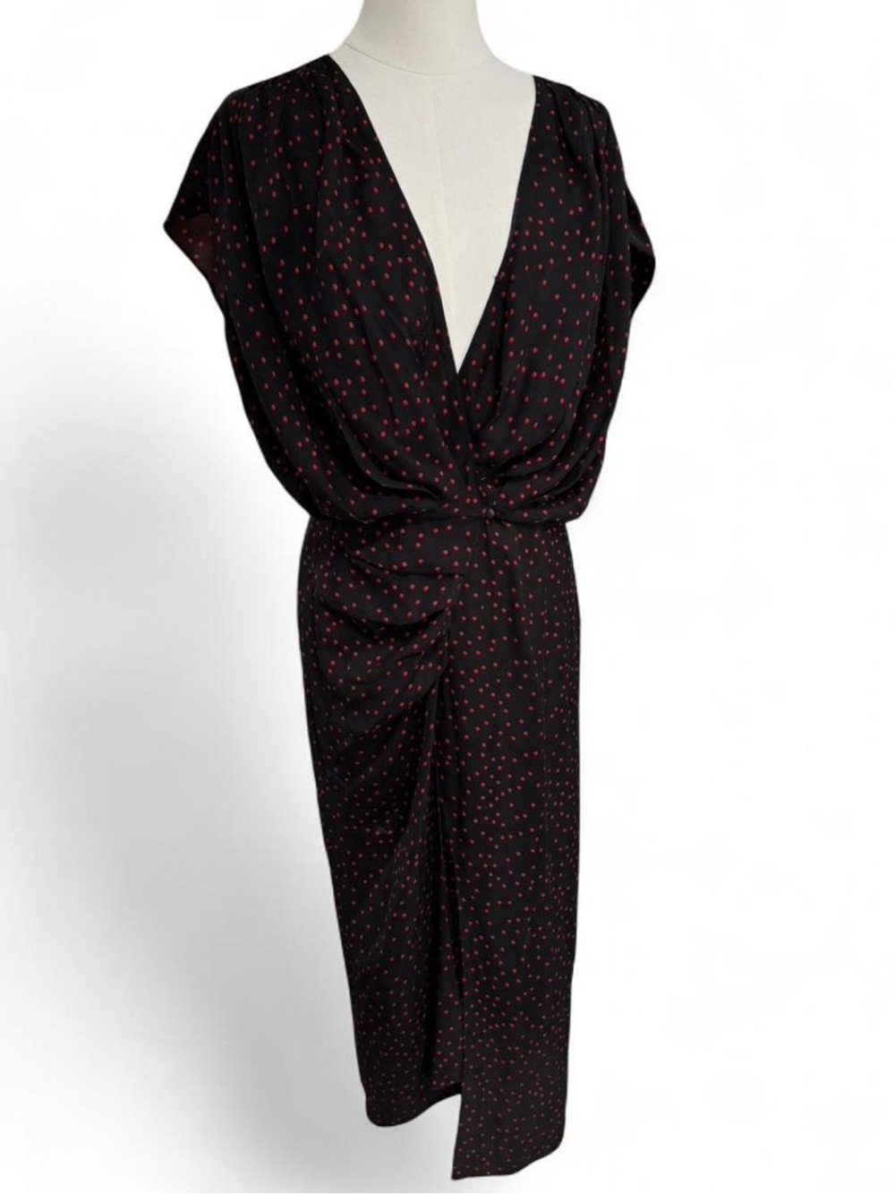 Magda Butrym Diablo Gathered Silk Midi Dress in a black and red polka dot